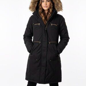 ARITZIA TNA Verbier Parka Women (S) Small Black Faux Fur Hood Winter Jacket Coat